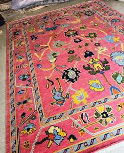 Tapis en laine noué à la main à motifs floraux roses, tapis d'appoint de style oriental vintage, tapis botanique coloré fait à la main pour salon et chambre à coucher - Product Image 2