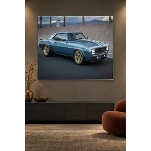 Impression sur toile Fida Blue Restomod Camaro avec roues dorées - Product Image 3