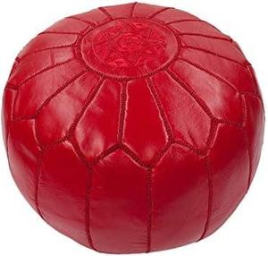 Handmade Customizable Red Round Embroidered <b>Leather</b> Pouf Cushion <b>Cover</b> Bohemian Style Stitched Design Zipper Closure Home Decor - Product Image 1