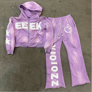 Sun Faded Distressed Boxy fit French Terry Drop Shoulder Zip up Chándal parche desgastado Bordado Pantalones de chándal y conjunto con capucha - Product Image 1