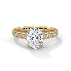 Anillo de Compromiso con Diamante Ovalado de Laboratorio y Banda Pavé, Claridad VVS de 2 Quilates, Oro Sólido Rosa, Amarillo o Blanco, Anillo Nupcial Elegante - Product Image 3