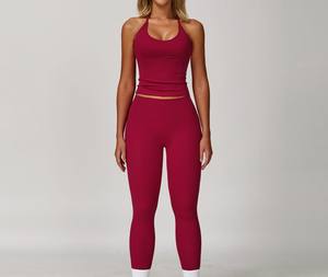 Ensemble de yoga pour femmes : pantalon évasé de compression et soutien-gorge dos nu à col en V, taille élastique, séchage rapide, motif uni pour l'entraînement - Product Image 4