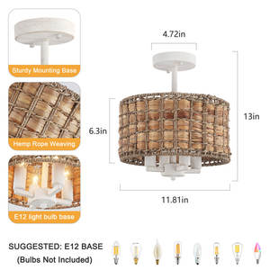 Lámparas de techo de tambor regulable bohemio de 12 pulgadas, 4 luces de ratán Natural, algas marinas, semi al ras, novedad, decoración creativa para el hogar - Product Image 5