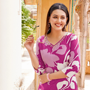 Kurti coupe pomme imprimé rayonne fantaisie pour femmes avec ensemble de pantalons afghans formels vente en ligne - Product Image 1