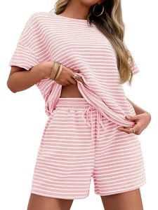 Ensemble deux pièces pour femme à manches chauve-souris, motif rayures, prix compétitif, haute durabilité, best-seller, pour la plage et les activités de plein air - Product Image 4