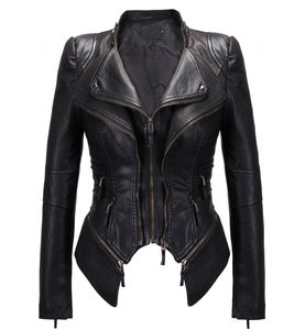 Chaqueta de motorista de moda de Invierno para mujer, cuero genuino, detalle de tachuelas, cuello levantado, cierre de cremallera, patrón sólido, forma perfecta - Product Image 5