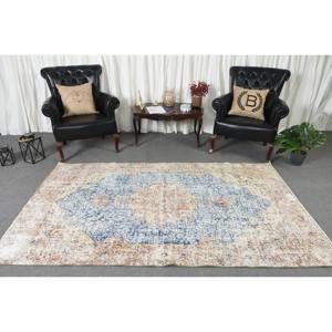 Alfombra turca Vintage de 5x8 ', lana azul y Beige, tejido plano, patrón de retazos, sala de estar alfombra para, respaldo de látex - Product Image 3