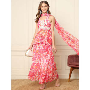 DEEBACO Ensemble Coordonné Femme en Chiffon Imprimé Abstrait avec Haut Peplum en Dentelle, Pantalon Palazzo Longueur Cheville et Dupatta – Tenue de Soirée Chic - Product Image 1