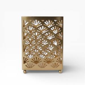 Set Of Two Gold Metal Lantern Style Votives <b>Candle</b> Holders With Geometric Cutwork And <b>Hanging</b> Handle - Product Image 2