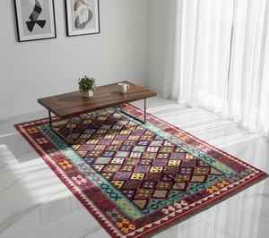 Tapis afghan Kilim tissé à la main Rouge foncé et turquoise Géométrique Diamant Tissage plat Laine Tapis de surface - Product Image 3