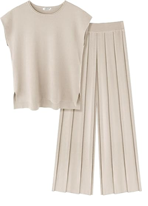 Élégante robe beige pour femmes avec haut à manches courtes et col rond et pantalon à jambes larges, choix parfait pour une tenue décontractée quotidienne - Product Image 4