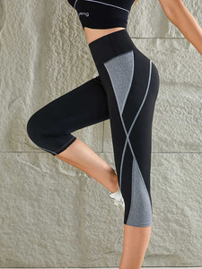 Capri <b>Yoga</b> Pants High Waist Women Leggings New Design Custom Bright Striped Color-<b>block</b> Design Stitching 100% Cotton - Product Image 4