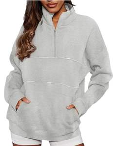 Sudadera con Capucha Gris Claro de Media Cremallera para Mujer, Sudadera Holgada de Forro Polar Cálido con Cuello Alto, Ropa de Invierno Suave, Estilo Casual, Bolsillo Tipo Canguro - Product Image 1