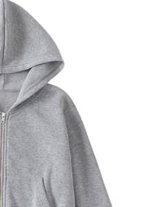 Customized <b>Womens</b> <b>Grey</b> Cropped Zip Up Hoodie Cotton Blend <b>Fleece</b> Jacket Long Sleeve Casual Winter Streetwear Top - Product Image 2