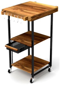 Multi-Function Kitchen Cart with Solid Acacia Wooden Top & <b>Shelves</b> and Double Handle Bar - Product Image 2