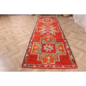 Alfombra Vintage, Alfombra Turca de 2.8x9.4 pies, Alfombra Persa de Lana Roja Marrón - Product Image 2