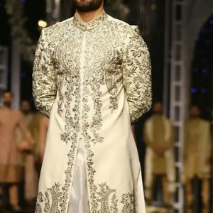 LATEST--BEAUTIFUL GOLD ZARDOZI EMBROIDERY on WHITE SILK SHERWANI ,KURTA WITH <b>PANT</b> DRESS for PARTY-WEAR/WEDDING @ 2023 - Product Image 1