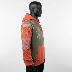 Premium 320 GSM Fleece Pullover <b>Hoodie</b> Olive Green and <b>Orange</b> Color Contrast Panels Custom Logo Rhinestone Basics <b>Hoodie</b> - Product Image 5