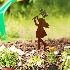 Estaca de jardín de Metal decorativa para césped de granja rústica, hoja hecha a mano, figura de niña de hierro, Estaca de niña de pie con acabado oxidado - Product Image 3