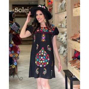 Robe maxi mexicaine brodée bleue pour femmes, motif floral ethnique bohème, été, taille naturelle, lavable - Product Image 2