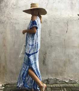 Kaftán hecho a mano Tie-Dye para mujer Summer Resort Wear Manga larga Hasta el suelo Tejido Floral Cintura Sostenible-Regalo perfecto - Product Image 3