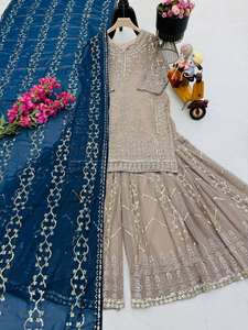 Dernier modèle de costume palazzo indien pakistanais de créateur, avec broderie lourde au fil, en fausse soie Georgette confortable, et dupatta, idéal pour les fêtes - Product Image 2