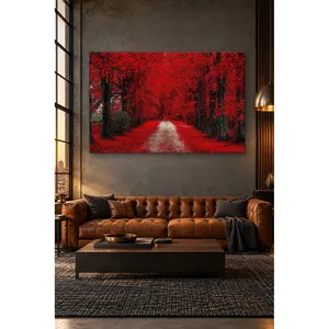 Impression sur toile de la sentier forestier Fida parmi les arbres à feuilles rouges - Product Image 1