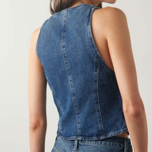 Veste en jean à col rabattu pour femme, veste vintage élégante sans manches, manteaux d'automne, streetwear décontracté, mode coton pour le printemps - Product Image 4