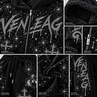 Sweat-shirt à capuche streetwear pour homme VENLEAG, jersey d'hiver noir avec strass, 430 grammes, 100% coton, OEM/ODM