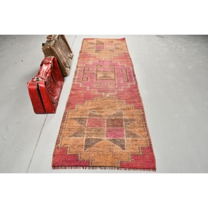 3x9.4 ft Turkish Rug, Vintage <b>Runner</b> Rug, <b>Red</b> Brown Check Rug - Product Image 1
