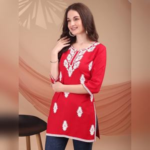 Pure Cotton Short <b>Kurta</b> Latest Designer Heavy Embroidery Work Kurtis For <b>Women</b> India Low Price Wholesale - Product Image 4
