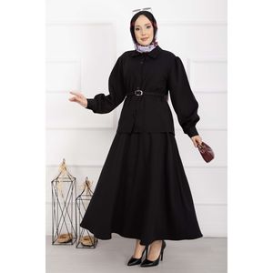 Conjunto de Dos Piezas con Cinturón Negro, Blazer Corto y Falda de Crepé para Oficina, Atuendos Formales Modernos - Product Image 3