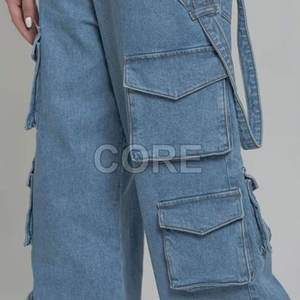 Pantalon en jean cargo multi-poches pour femmes de qualité supérieure Meilleur pantalon en jean cargo multi-poches pour femmes - Product Image 2