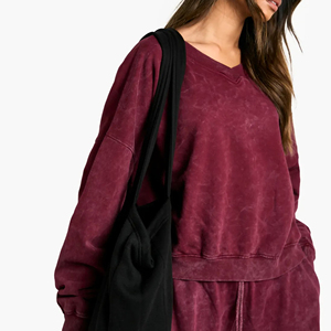 Haute qualité 100% coton surdimensionné lavage à l'acide v-cou sweats pour femmes streetwear goutte épaule grande taille sweat femme - Product Image 5