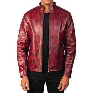 Chaqueta de cuero Borgoña desgastada para hombre, prendas de vestir exteriores de estilo motorista Vintage de piel de vaca Real para moda informal e Invierno - Product Image 1