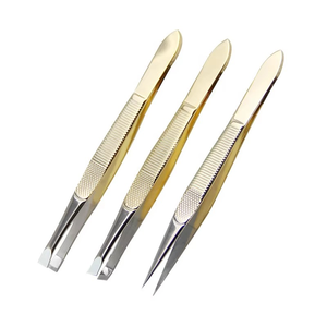 แหนบดึงขนคิ้วปลายเฉียงสแตนเลสเคลือบทอง 3 ชิ้น รับผลิต OEM แบรนด์ส่วนตัว แหนบดึงขนตา - Product Image 1