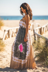 2023คอลเลกชันใหม่ชุดแมกซี่ยาวมัดย้อมสุดเซ็กซี่ของผู้หญิงชุดเดรสเปิดไหล่แขนเปลือยหลังไร้สายผ้ามิกซ์ - Product Image 3