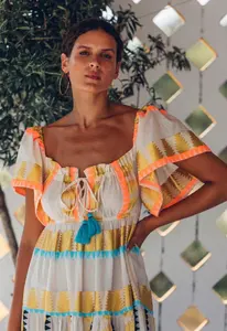 แฟชั่นฤดูร้อนเหนือกาลเวลาสำหรับผู้หญิง ชุดเดรสยาว คอเหลี่ยม แขนสั้น เหมาะสำหรับใส่ไปรีสอร์ท งานปาร์ตี้ ชุดเดรสทอมือสไตล์อินเดีย ลายทอแบบวี - Product Image 4