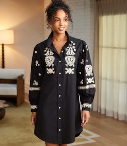 Vestido Camisero de Algodón Ecológico Bordado Negro para Mujer, Manga Larga, Estilo Folclórico Occidental, Lavable, con Aberturas, Cintura Natural - Product Image 2