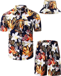 Conjunto de 3 piezas de camisa hawaiana de verano transpirable estilo vintage para hombre con sombrero a juego de tela satinada con estampado floral - Ropa OEM - Product Image 1