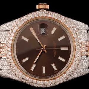 นาฬิกาข้อมือหรูหรา ชุบทองคำชมพู ระบบกลไก ETA สำหรับทั้งชายและหญิง ประดับเพชรโมอิสซาไนต์ VVS ระดับ Iced หน้าปัดแสดงผลแบบอนาล็อก ตัวเรือนสแตนเลส กระจกหน้าปัด - Product Image 1