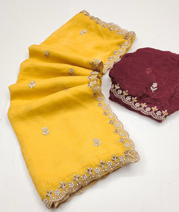 Última colección de Saree de gasa pura bordada y trabajo de diamantes con ambas manos Moti para fiestas bodas Diwali hecho de seda - Product Image 4