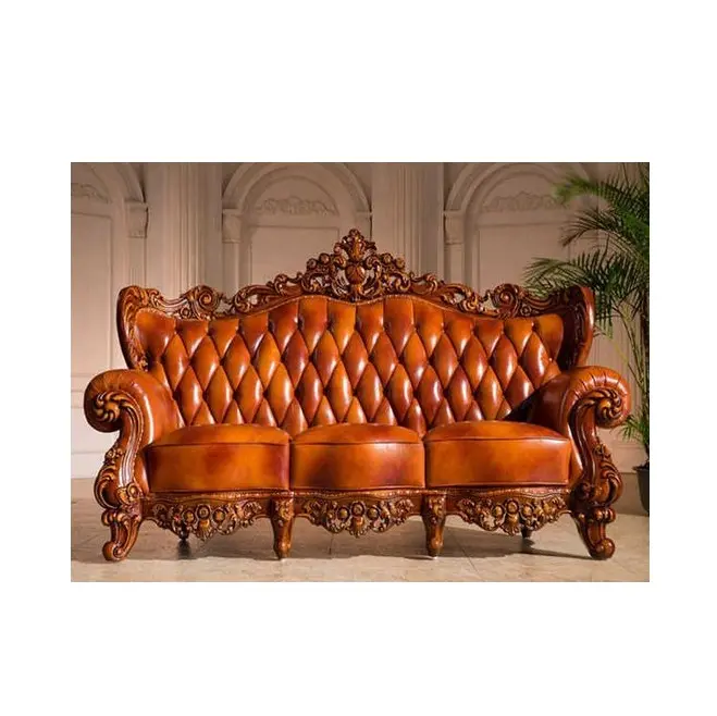 Conjunto de sofás de madeira esculpidos estilo americano, conjunto de sofás chesterfield para sala de estar, clássico europeu e luxuoso