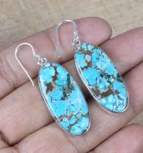 Boucles d'oreilles ovales turquoise faites à la main en argent sterling 925 plaqué or bijoux pour femmes à la mode pierre de naissance de décembre cadeau de noël - Product Image 5