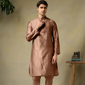 <b>Men</b> Brown Cotton Silk Kurta <b>Pajama</b> <b>Set</b> | Breathable Solid Regular Fit Summer Casual Designer Ethnic Wear for Festive & Daily Use - Product Image 1