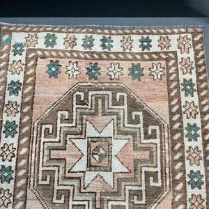 Turkish Vintage Rug, 3.2x9.3 ft Rug, <b>Brown</b> Floral <b>Wool</b> Rug - Product Image 3