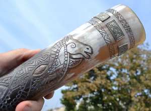 Viking Best Quality Eco-Friendly Drinking Horn with Carved Animal Design Food <b>Safe</b> Metal Stand for Weddings Home Hotel Souvenir - Product Image 4
