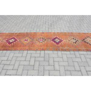 Tapis Kilim Orange Fait Main 2.6X11.2 ft Turc Jacquard Plat Armure Viscose Couloir Rectangle Peluche Pile Tressé Technique - Product Image 3