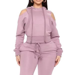 2024 survêtement de mode personnalisé deux pièces ensemble femmes haut court à capuche joggeurs survêtements ensembles - Product Image 1