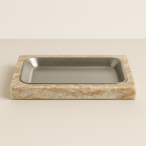 Plateau de service rectangulaire peu profond en marbre noir luxueux avec insert en acier inoxydable brossé pour affichage de salle à manger contemporaine - Product Image 6